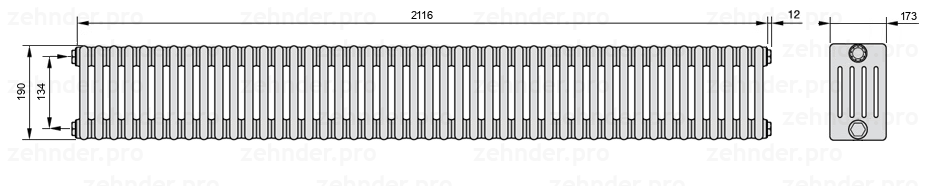 Схема (чертеж) Радиатор Zehnder Charleston 5019/46 №1270 Белый глянцевый RAL 9016